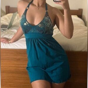 Victoria Secret woman’s teal halter cotton stretch mini dress embellished bra